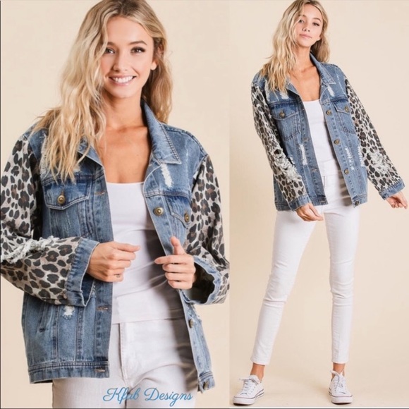 🌺LAST1️⃣🌺New Distressed Denim Jacket Button Down Front & Leopard Print Sleeves - Picture 5 of 11